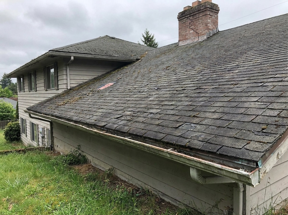 Old mossy asphalt roof before replacement