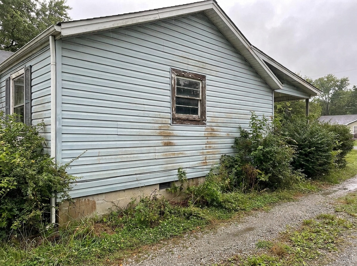 Cracked, faded old siding before replacement
