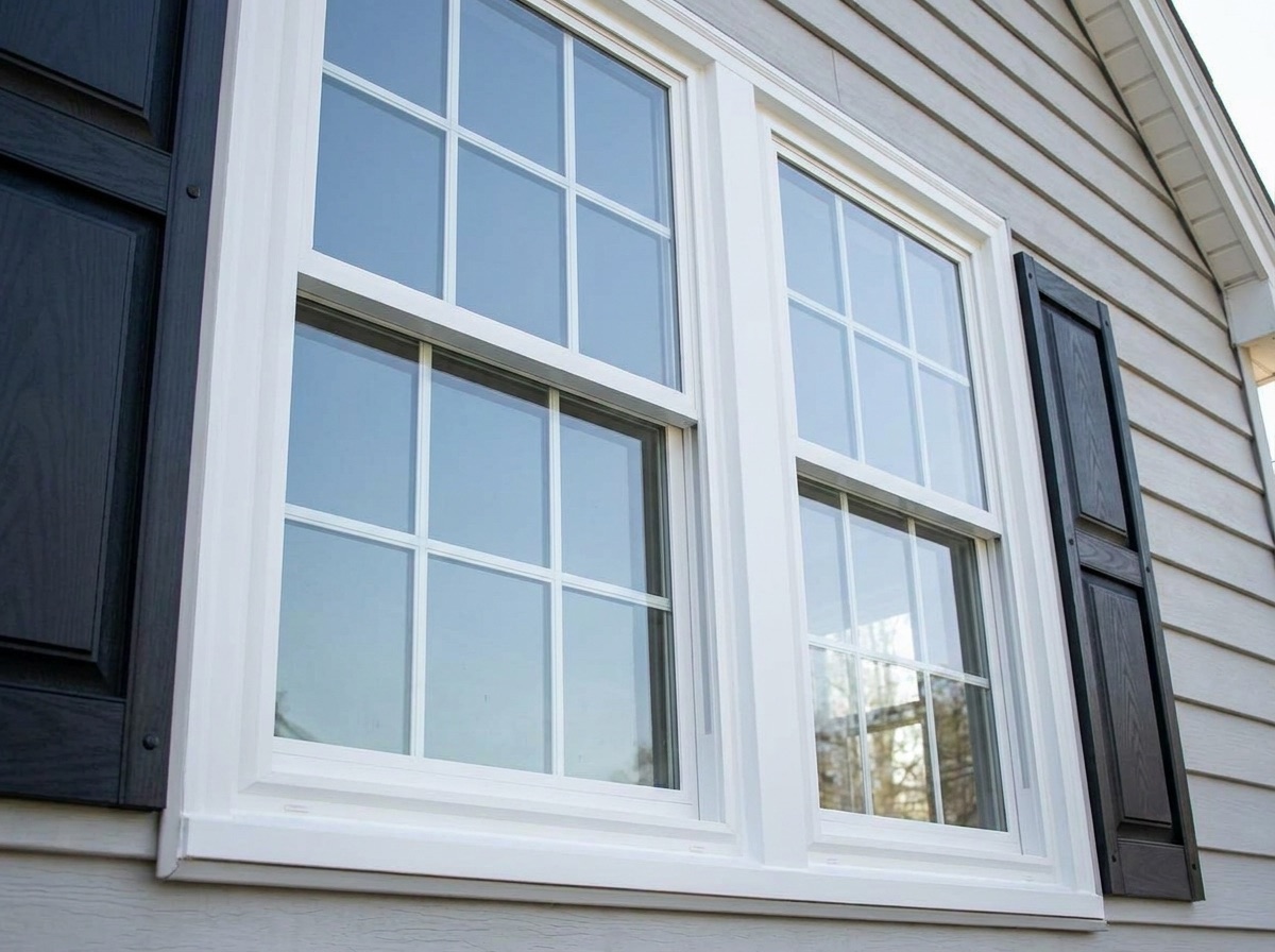 New white double-hung windows with black shutters after replacement